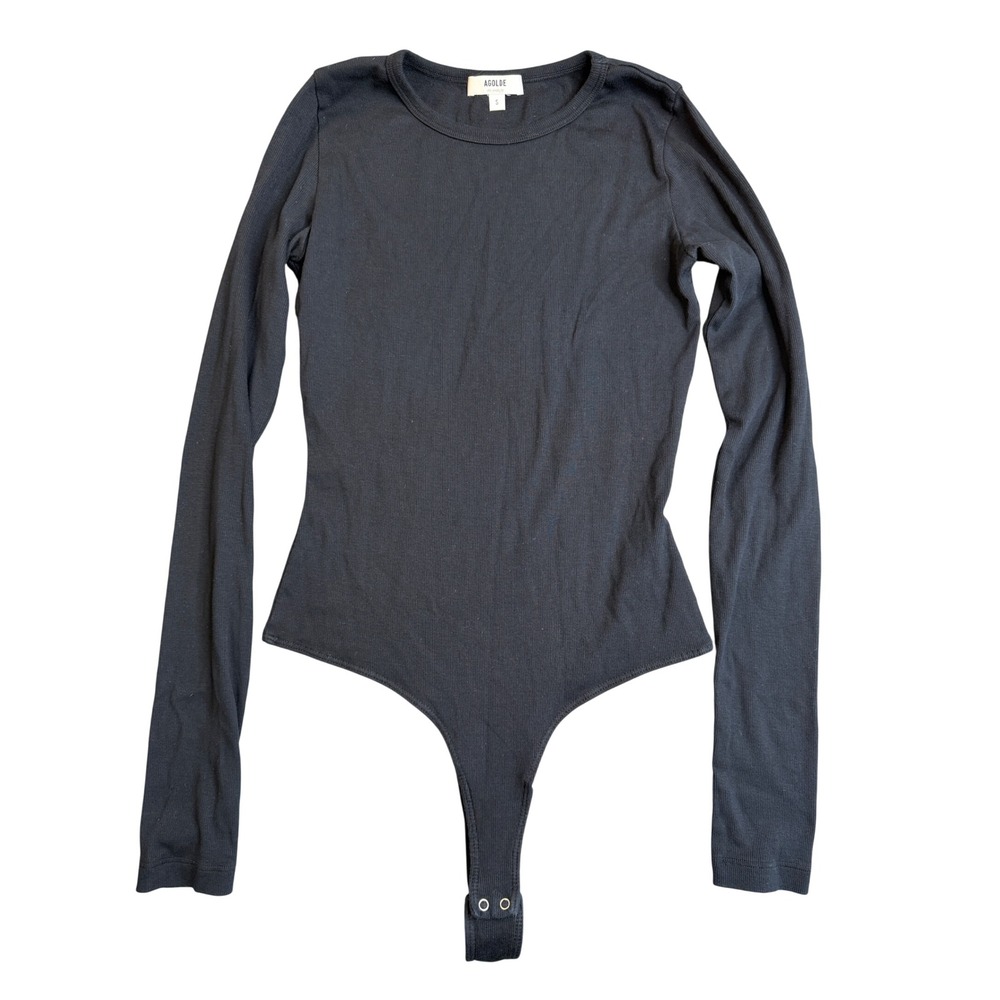 AGOLDE Leila Supima Cotton Rib Bodysuit Top Womens S Black Minimalist Capusule